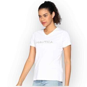 Nautica Gold Studded Logo V Neck Tee Women L NWT